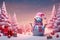 Snow man with blanket position is right of the image snow field pine tree many gift boxes is pink color light blue background.