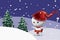 Snow man character with red hat in Christmas festival  on snow with trees background.