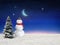 Snow man and  moon on starry sky winter snowy weather fairy night festive  Christmas tree  blue nature landscape background  greet