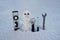 Snow man in winter. Repairman with repair tools. Support repair and recover service. Christmas snowman. New year element