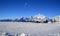 Snow mist blowing over Grand Tetons Mountain Range in Grand Tetons National Park (GTNP) in Wyoming