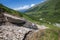 Snow near Sofia waterfalls in Arkhyz, Karachay-Cherkessia. Russia