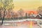 Snow painting christmas landscape christmas card sunset winter