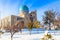 Snow and park around ornated mosque of Hazrati Imam complex, religious center of Tashkent