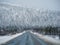 Snow pass. Winter Arctic road through the hills