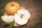 Snow pear or Korean pear on a wooden background, Nashi pear fruits delicious and sweet on wooden background