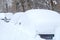 Snow piles that cover cars standing in a row