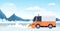Snow plow truck cleaning highway road afrer snowfall winter snow removal concept mountains landscape background
