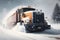 Snow plow truck cleaning snowy road in snowstorm. Snowfall on the driveway. AI generative 