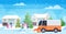 Snow plow truck cleaning street afrer snowfall winter snow removal concept countryside background horizontal