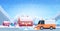 Snow plow truck cleaning street afrer snowfall winter snow removal concept countryside landscape background horizontal