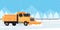 Snow plow truck removes snow from highway, winter landscape in flat style, vector illustration.