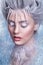 Snow Queen.Fantasy girl portrait. Winter fairy portrait.Young woman with creative silver artistic make-up. Winter Portrait.