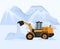 Snow removal in cold winter vector illustration. Snowblower petrol machine yellow tractor works to clean road. White