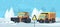 Snow removal. Heavy trucks cleaning urban road from snowstorm vector cartoon background