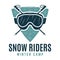 Snow riders winter snowboard camp logo, retro ski adventure emblem design with goggles mask. Unusual vintage art retro