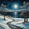 A snow road by a whimsical blue sea, gentle waves, tree, mountain, starru night, winter dark sky, moonlit, painting art