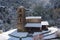 Snow in Sant Joan de Caselles Church in Canillo. Andorra la Vella, Andorra.