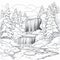Snow Scene Coloring Page With Cascading Waterfall