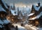 snow scene with fantasy style medieval storybook fairytale town with illuminated houses at twilight