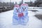 Snow sculpture, snowman in winter in Russia. Human creativity