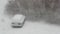 Snow slowly falls against parked cars