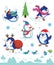 Snow sticker set with cartoon penguins, snowman and snowflakes