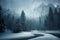 Snow storm above fir forest landscape