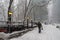 Snow storm on East Coast, New York City. Manhattan During Nor`easter Blizzard