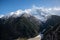 Snow and windy peaks of Annapurna II, Annapurna IV and Annapurna III mountains as seen from Upper Pisang village