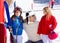 Snow winter family in ski track mother and daughters