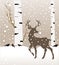 Snow winter forest landscape with deer. Abstract vector illustration of winter forest.birch tree