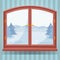 Snow winter outdoor view in wooden window, winter landscape with spruce trees through window, countryside home or