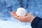 Snowball on the mans hand on a background of a winter forest