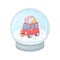 Snowball with red retro car and Christmas gifts on it roof. Cute holiday postcard. 3d isometric vector illustration for