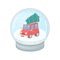 Snowball with red retro car and Christmas tree on it roof. Cute postcard with new year and Christmas. 3d isometric