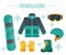 Snowboard equipment- jacket, boots, helmet, goggles, gloves