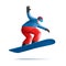 Snowboard jump race snowboarder 3d render character illustration in blue and red clothes