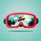 Snowboard protective mask with snowboarder on reflection. Mountain sky glasses. Extreme sport vector background.