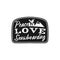 Snowboard retro logo with quote - Peace Love Snowboarding. Mountain Explorer Badge. Camping adventure emblem, monochrome