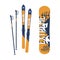 Snowboard, A Sleek, Elongated Board With Bindings For Gliding Down Snowy Slopes. Skis, Long, Narrow, And Curved Pieces