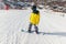 Snowboarder in black helmet, yellow jacket glides down on a blue snowboard on the ski slope