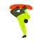 Snowboarder boy in green jacket jumping on the snowboard. Vector illustration in flat cartoon style.