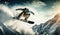Snowboarder carving through fresh powder snow, mountain landscape, early morning, soft and warm natural lighting, dynamic action