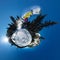 Snowboarder freerider jumping from snow ramp. Spherical 360 panorama little planet