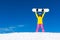 Snowboarder girl raised arms standing hold