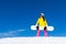 Snowboarder girl standing hold snowboard, snow