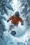 snowboarder going down a snow-covered slope in the middle of a white forest