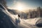 Snowboarder in a jump on a high mountain, Freerider running downhill