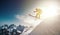 Snowboarder jumping against blue sky. Generative AI